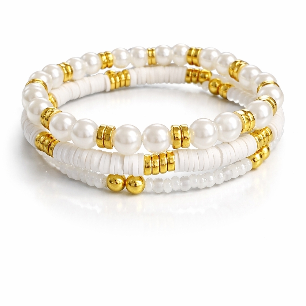 Elegant Gold and White Beaded Stack Bracelet Set